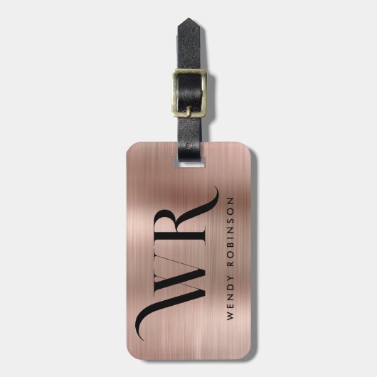 Stijlvolle Roze Goud Metaal Twee Monogram Initiaal Bagagelabel (Voorkant verticaal)
