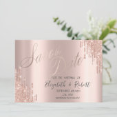 Stijlvolle Roze Gouden Glitter Drips Save The Date (Staand voorkant)
