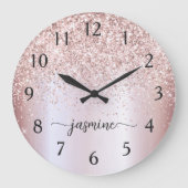 Stijlvolle Roze Gouden Glitter Initialen Naam Hand Grote Klok (Voorkant)