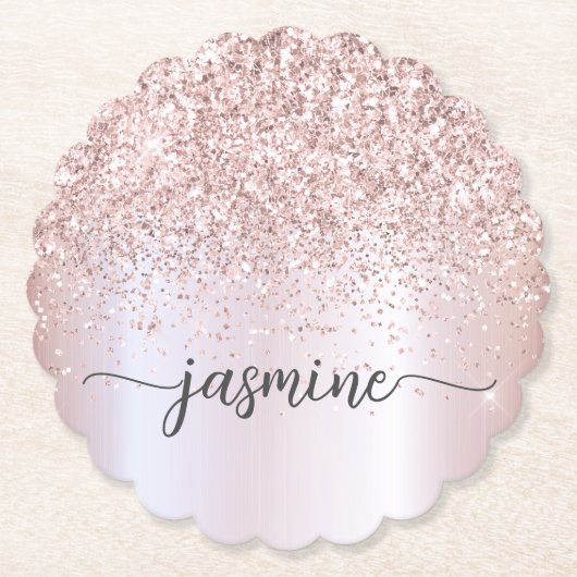 Stijlvolle Roze Gouden Glitter Initialen Naam Hand Kartonnen Onderzetters (Voorkant)