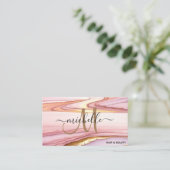 Stijlvolle roze gouden glitter marmeren agaat mono visitekaartje (Staand voorkant)