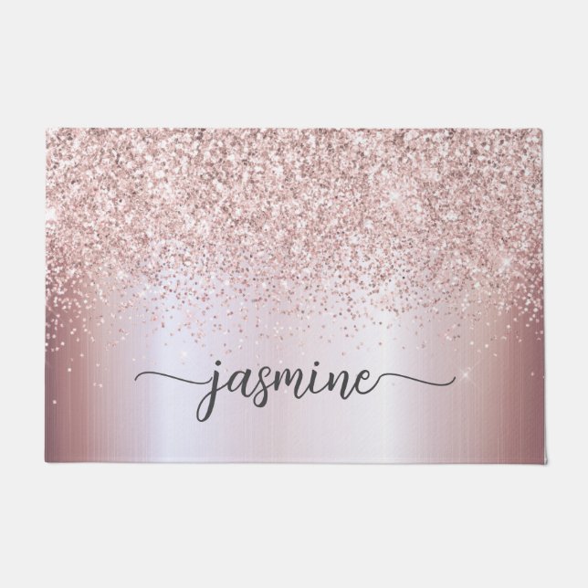 Stijlvolle Roze Gouden Glitter Monogram Naam Handt Deurmat (Voorkant)
