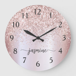 Stijlvolle Roze Gouden Glitter Monogram Naam Handt Grote Klok