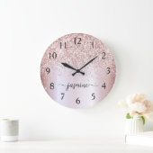 Stijlvolle Roze Gouden Glitter Monogram Naam Handt Grote Klok (Huis)