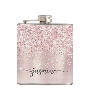 Stijlvolle Roze Gouden Glitter Monogram Naam Handt Heupfles