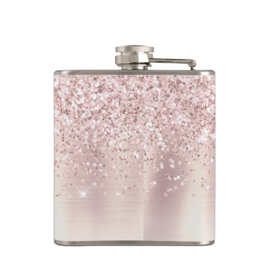 Stijlvolle Roze Gouden Glitter Monogram Naam Handt Heupfles (Achterkant)