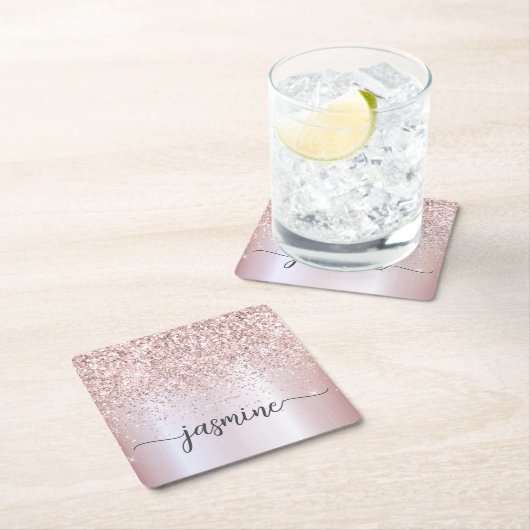 Stijlvolle Roze Gouden Glitter Monogram Naam Handt Kartonnen Onderzetters (Insitu)