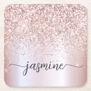 Stijlvolle Roze Gouden Glitter Monogram Naam Handt Kartonnen Onderzetters