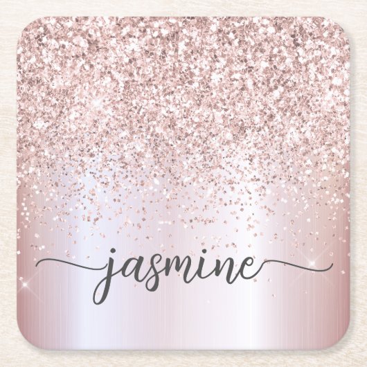 Stijlvolle Roze Gouden Glitter Monogram Naam Handt Kartonnen Onderzetters (Voorkant)