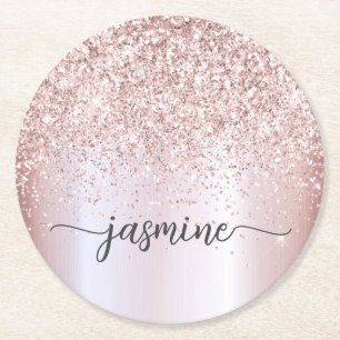 Stijlvolle Roze Gouden Glitter Monogram Naam Handt Ronde Kartonnen Onderzetter