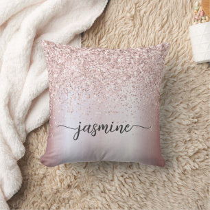 Stijlvolle Roze Gouden Glitter Monogram Naam Scrip Kussen