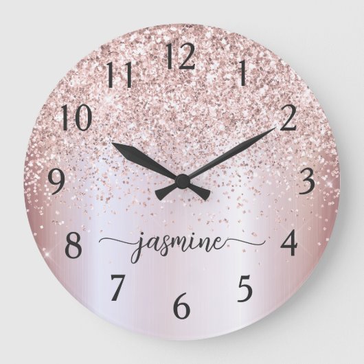 Stijlvolle Roze Gouden Glitter Monogram Namenshand Grote Klok (Voorkant)