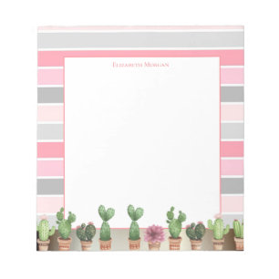 Stijlvolle roze grijze strepen, waterverf cactus notitieblok