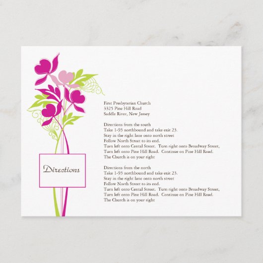 Stijlvolle roze & groene Bouquet Directiekaart Informatiekaartje (Voorkant)