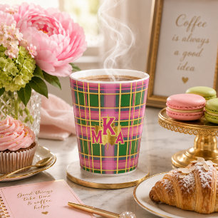 Stijlvolle roze & groene ruit Monogram Latte Mok