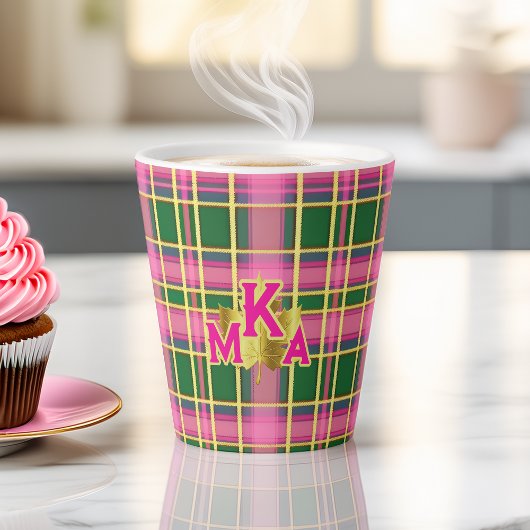 Stijlvolle roze & groene ruit Monogram Latte Mok