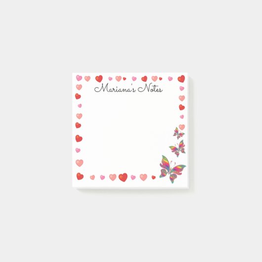 Stijlvolle roze harten en vlinders personaliseren post-it® notes (Voorkant)