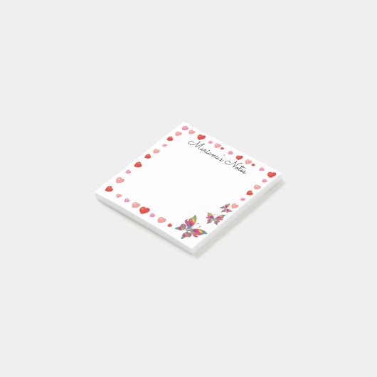 Stijlvolle roze harten en vlinders personaliseren post-it® notes (Schuin)