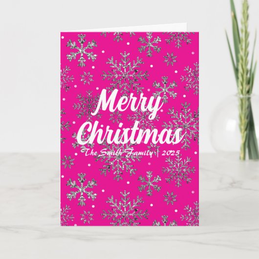 Stijlvolle Roze Kerst Kaart w / Elegante Sneeuwvlo (Voorkant)