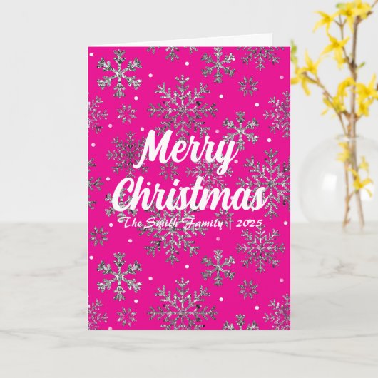 Stijlvolle Roze Kerst Kaart w / Elegante Sneeuwvlo (Gele Bloem)