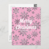 Stijlvolle Roze Kerst Kaart w / Elegante Sneeuwvlo (Voorkant / Achterkant)