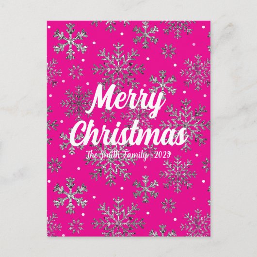 Stijlvolle Roze Kerst Kaart w / Elegante Sneeuwvlo (Voorkant)