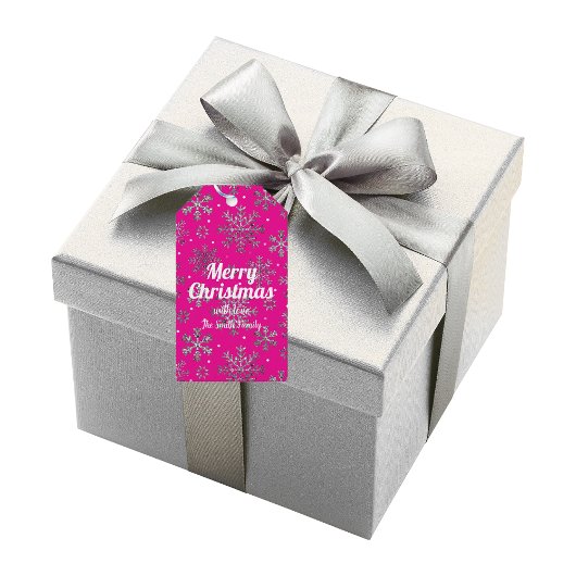 Stijlvolle Roze Kerst met Elegante Sneeuwvlokken Cadeaulabel