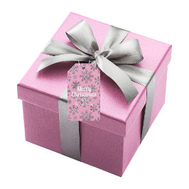 Stijlvolle Roze Kerst met Elegante Sneeuwvlokken Cadeaulabel