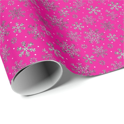Stijlvolle Roze Kerst met Elegante Sneeuwvlokken Cadeaupapier (Rol Hoek)