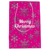 Stijlvolle Roze Kerst met Elegante Sneeuwvlokken Medium Cadeauzakje (Voorkant)