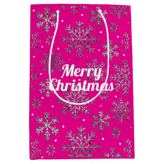 Stijlvolle Roze Kerst met Elegante Sneeuwvlokken Medium Cadeauzakje (Voorkant)
