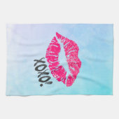 Stijlvolle roze Kissy Lips met xoxo! Blauwe Waterv Theedoek (Horizontaal)