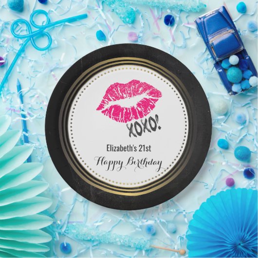 Stijlvolle Roze Kissy Lips met xoxo! Gelukkige ver Papieren Bordje (Feest)