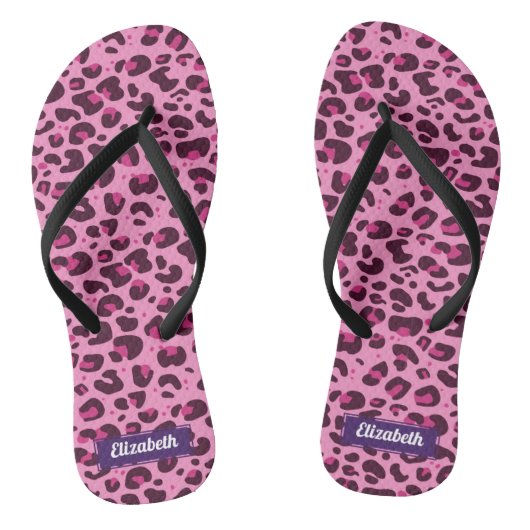 Stijlvolle roze luipaard met naam teenslippers (Voetbed)
