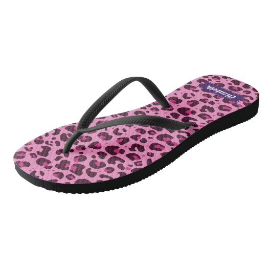 Stijlvolle roze luipaard met naam teenslippers (Schuin)