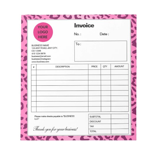 Stijlvolle roze luipaardprint factuur notitieblok (Voorkant)