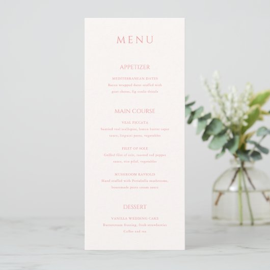 Stijlvolle roze moderne bruiloft menu (Staand voorkant)