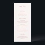 Stijlvolle roze moderne bruiloft menu<br><div class="desc">Elegant huwelijksmenu met een klassiek ontwerp met een eenvoudige lay-out. Uw namen en trouwdatum worden prominent weergegeven in een groot traditioneel serif lettertype op de achterkant. De eenvoud van dit ontwerp is geweldig voor een formele bruiloft.</div>