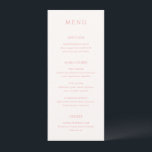 Stijlvolle roze moderne bruiloft menu<br><div class="desc">Elegant huwelijksmenu met een klassiek ontwerp met een eenvoudige lay-out. Uw namen en trouwdatum worden prominent weergegeven in een groot traditioneel serif lettertype op de achterkant. De eenvoud van dit ontwerp is geweldig voor een formele bruiloft.</div>
