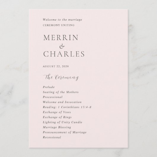 Stijlvolle roze moderne bruiloft programmakaart (Voorkant)
