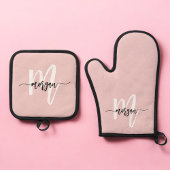 Stijlvolle Roze Monogram Meisje Keuken Script Ovenwant & Pannenlap Set