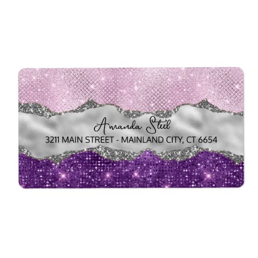 Stijlvolle roze paarse glinsterende zilveren visit etiket (Voorkant)