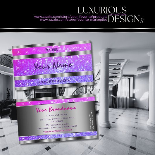 Stijlvolle roze Paarse glitter sterren  zilver Visitekaartje