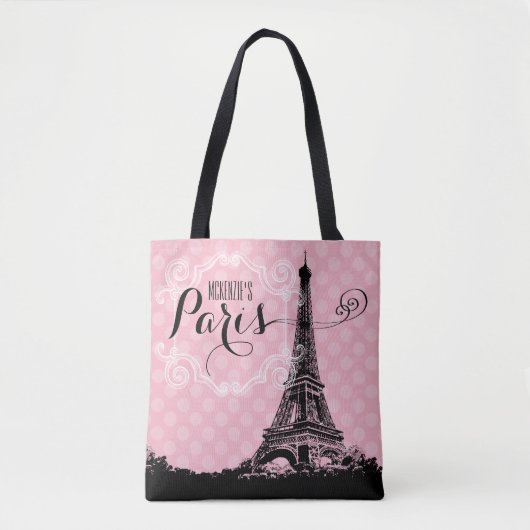 Stijlvolle Roze Parijs Eiffeltoren Monogram Naam Tote Bag (Voorkant)