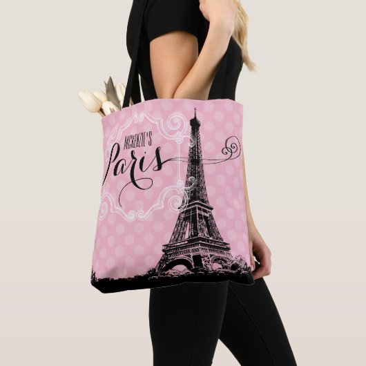 Stijlvolle Roze Parijs Eiffeltoren Monogram Naam Tote Bag (Dichtbij)