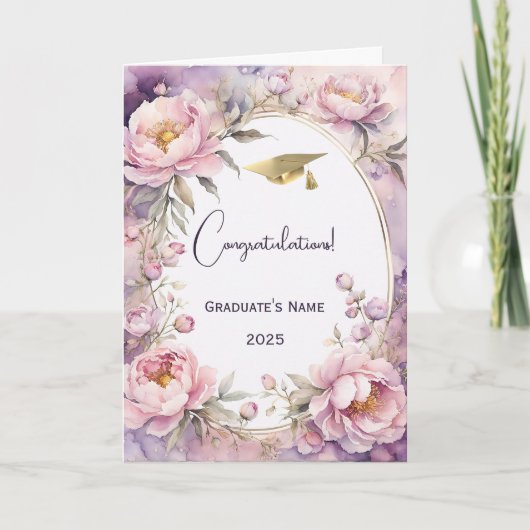 Stijlvolle roze pioen Waterverf Afstuderen Kaart (Voorkant)