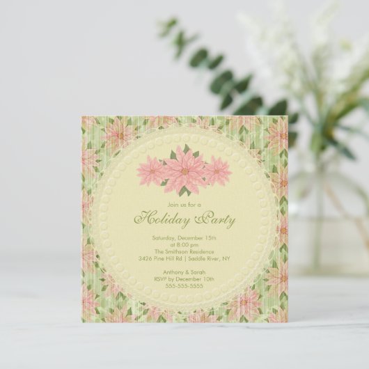 Stijlvolle roze poinsettia Holiday Party Invitatio Kaart (Staand voorkant)