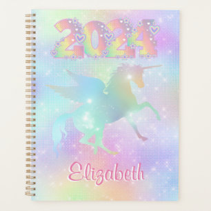 Stijlvolle roze regenboog eenhoorn glitter 2024 planner