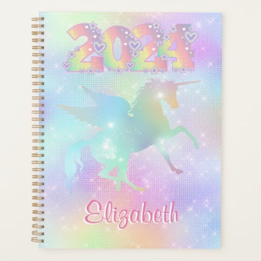 Stijlvolle roze regenboog eenhoorn glitter 2024 planner (Voorkant)