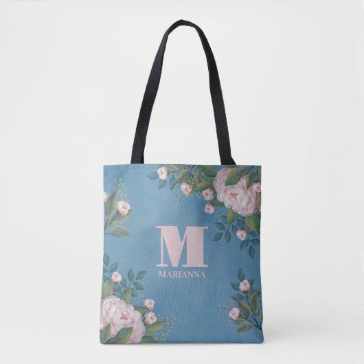 Stijlvolle roze roze monogram Eenvoudige Floral Tote Bag (Voorkant)